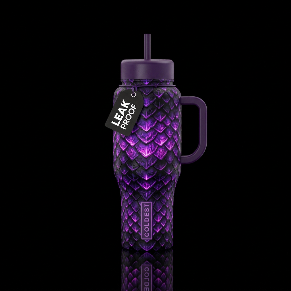 Textured glowie purple and black dragon scales water bottle design
