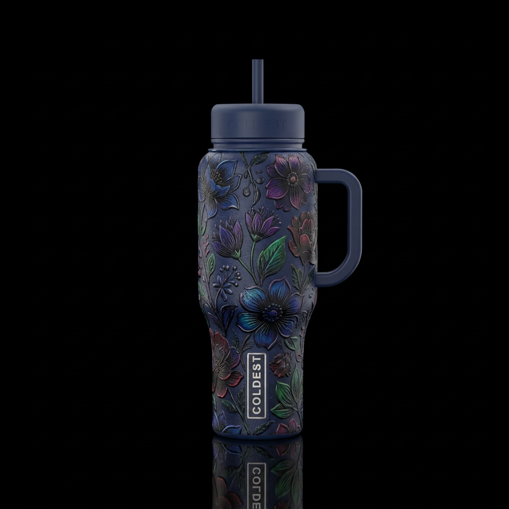 Textured midnight bloom water bottle design