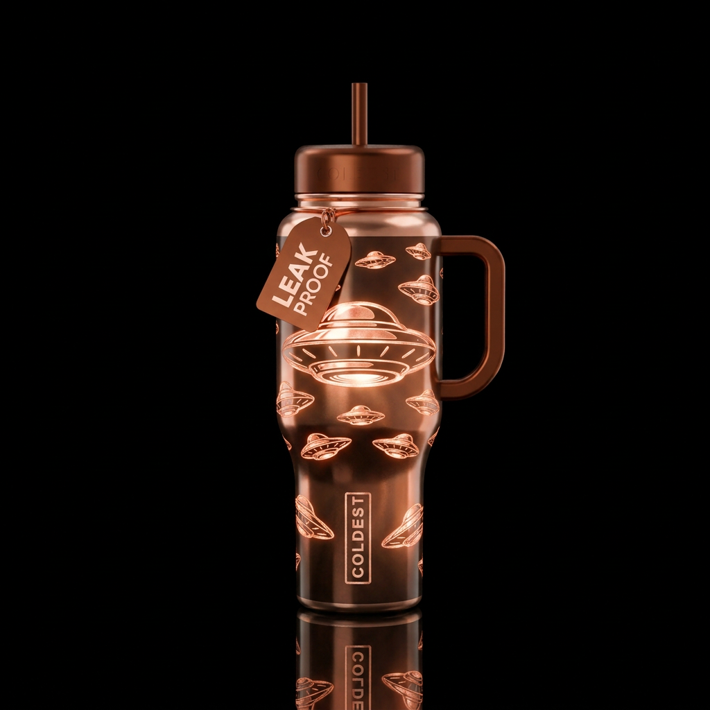 Large ufo with smaller ufos flying around all done... water bottle design