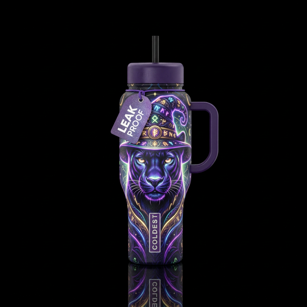 Black panther wearing witches hat glowie water bottle design