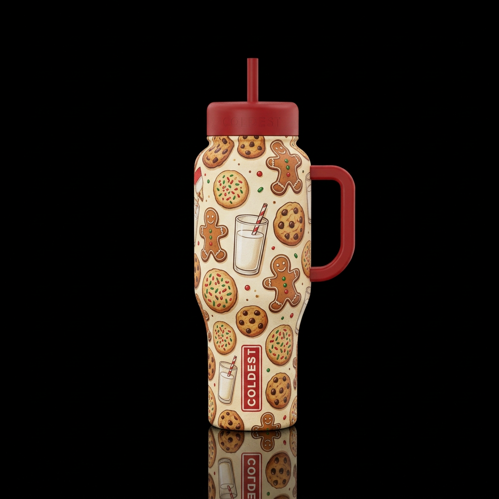 Textured santas cookies and milk water bottle design