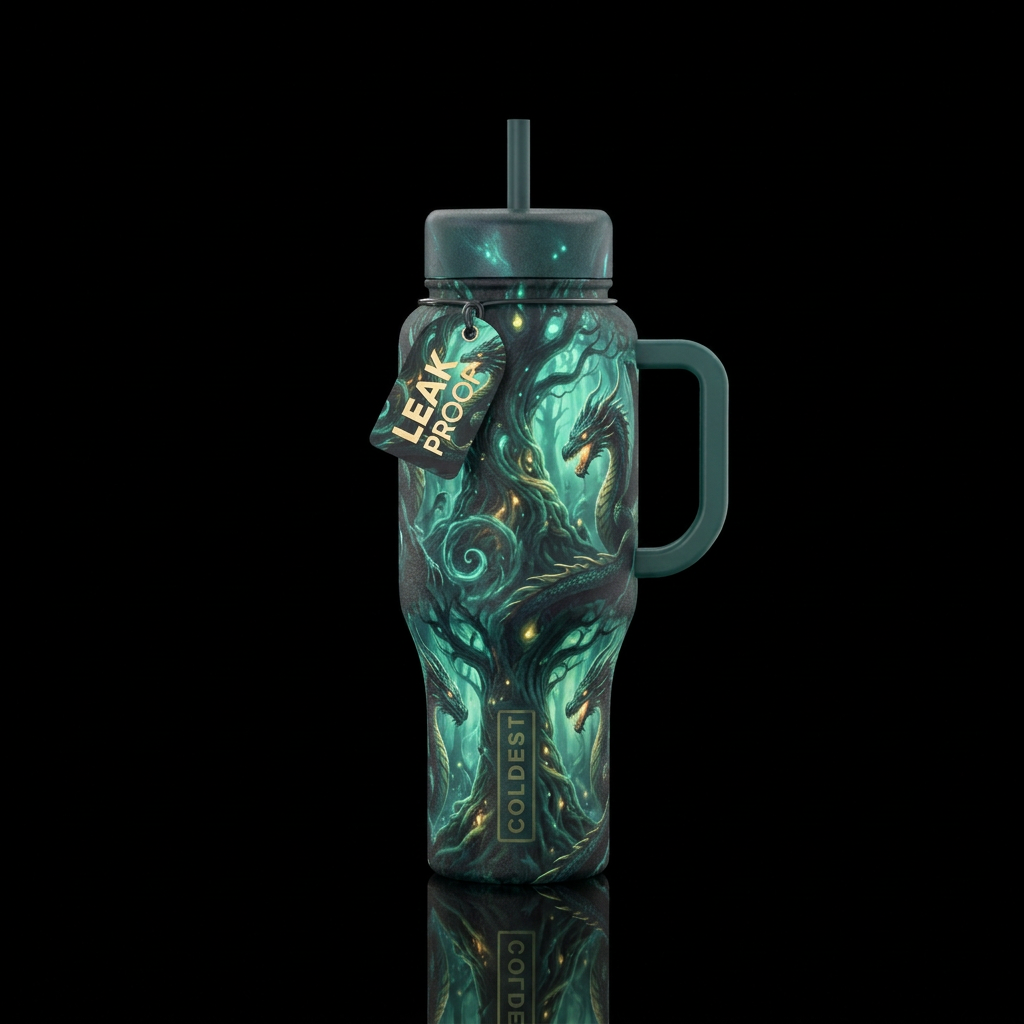 Textured fantasy Forrest with dragons glowie water bottle design