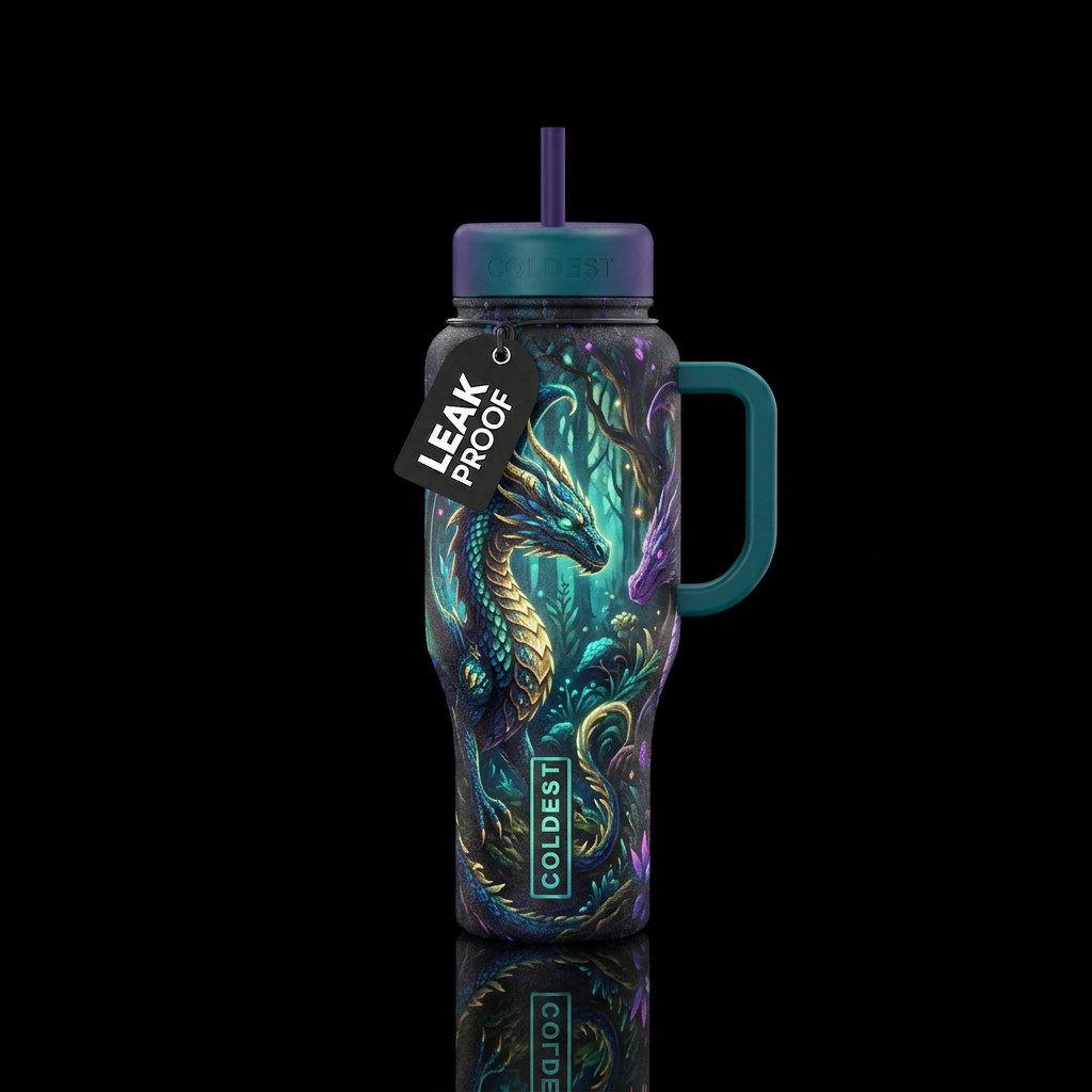 Textured fantasy Forrest with dragons glowie water bottle design