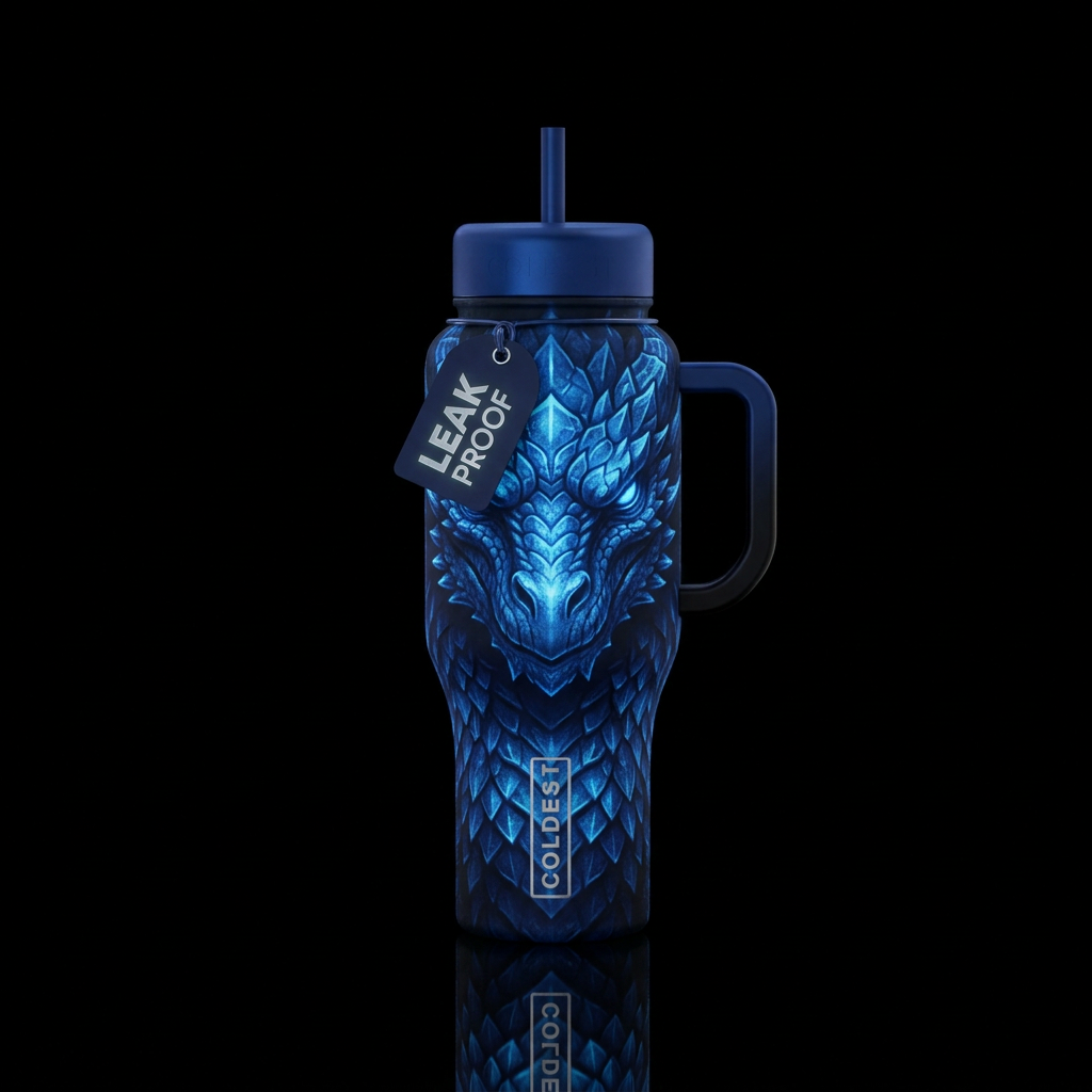 Textured deep blue dragon face made out of dragon ... water bottle design