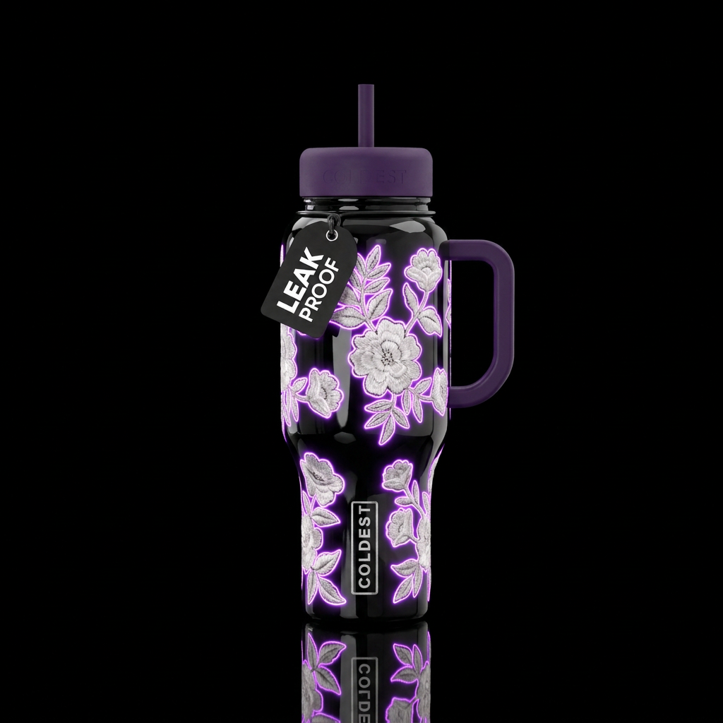Shiny black cup with white embroidered flowers wit... water bottle design