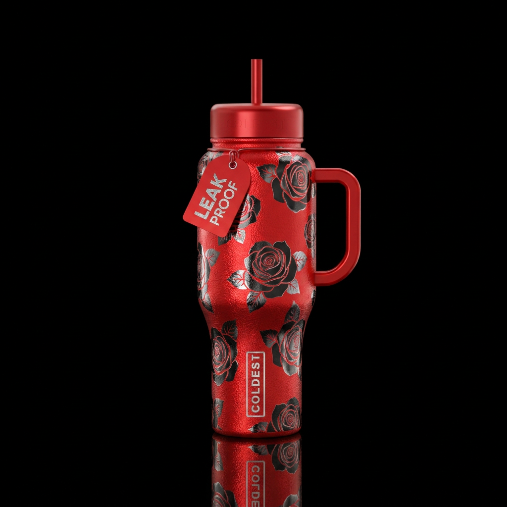 Textured shiny bright red cup with black and silve... water bottle design
