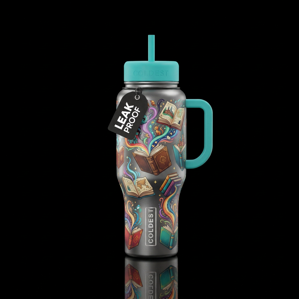 Gun metal cup with books floating and stories comi... water bottle design