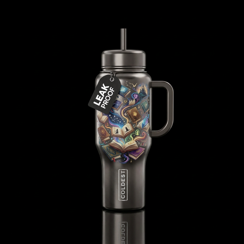 Gun metal cup with books floating and stories comi... water bottle design