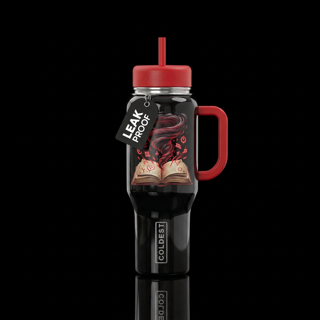 Shiny black cup  with chest spell book with spell ... water bottle design