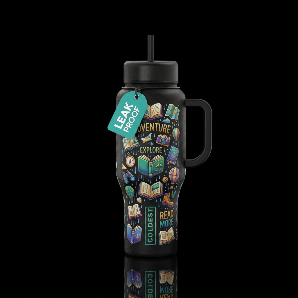 Black cup Raining books and adventures water bottle design
