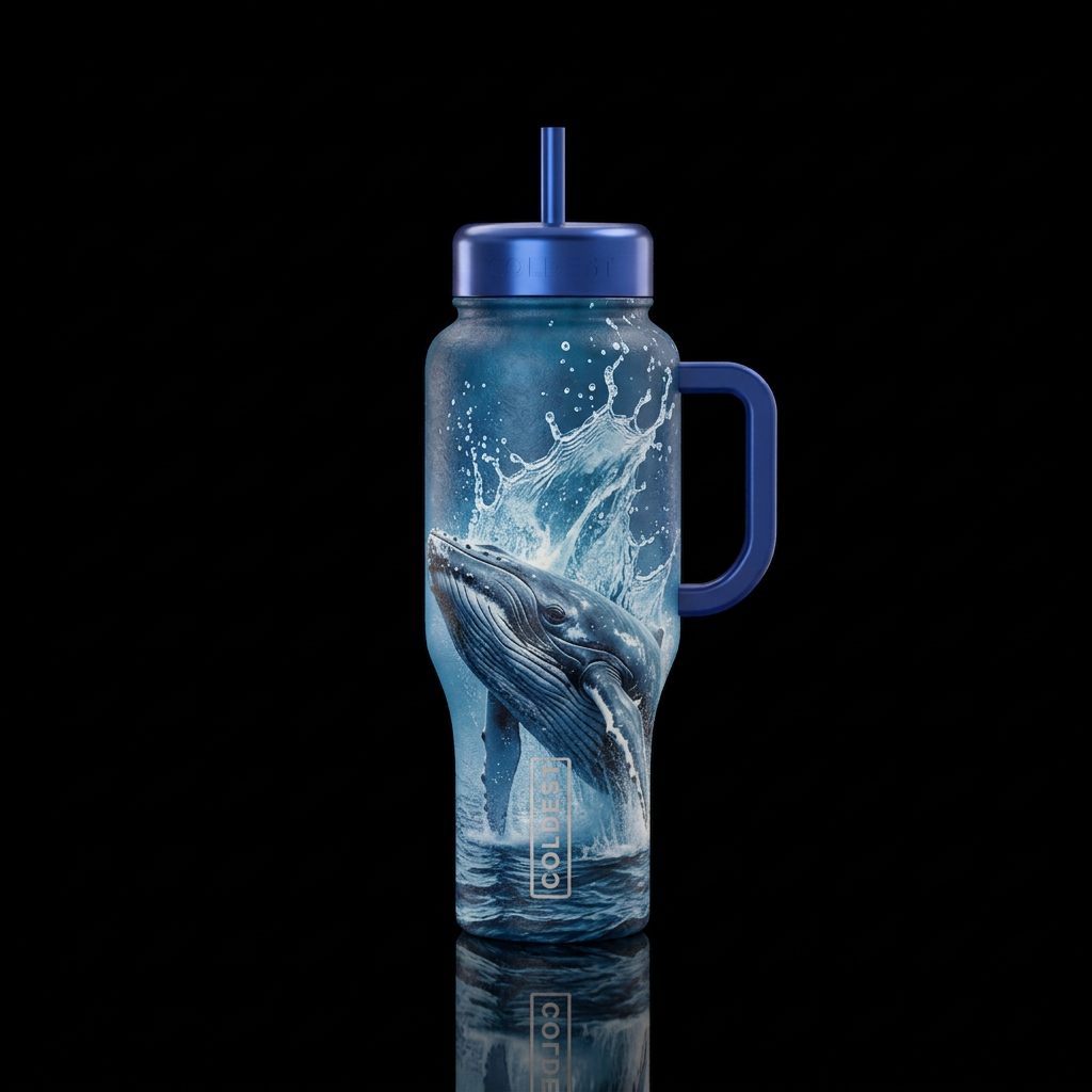 Textured whale making a huge splash water bottle design