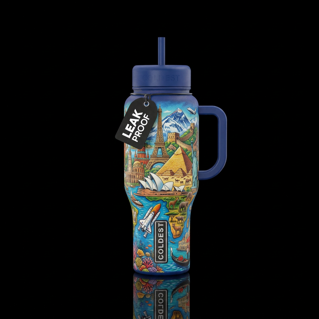 Textured adventures around the world water bottle design