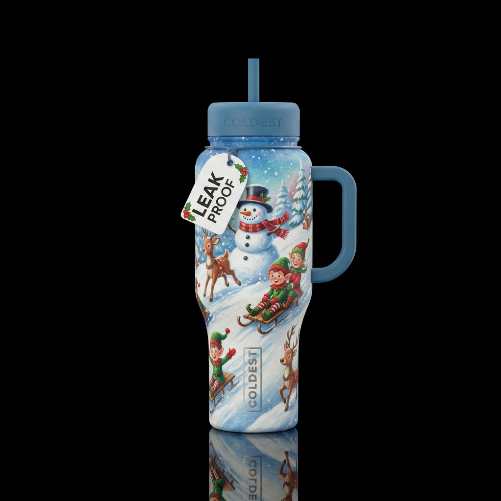 Textured winter wonderland with snowmen and reinde... water bottle design