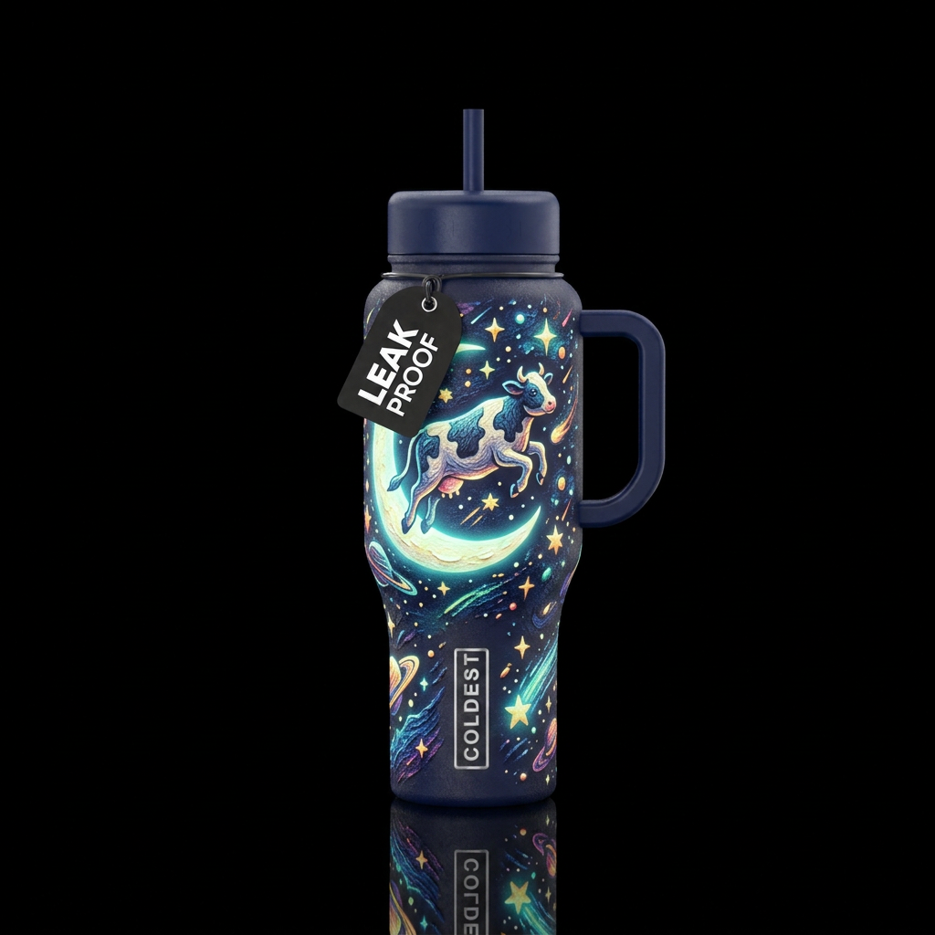 Textured cow jumped over the moon glowie water bottle design