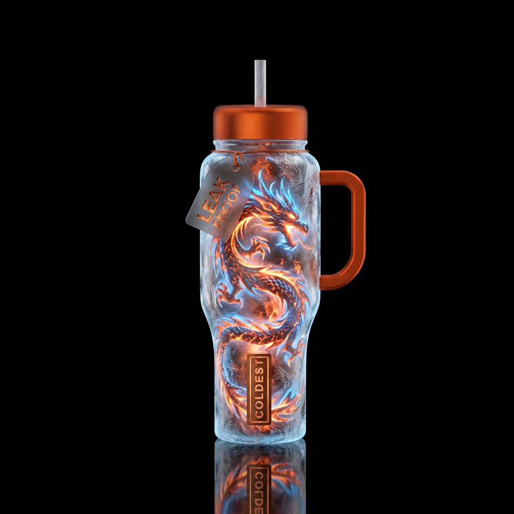 Frosty fire dragon water bottle design