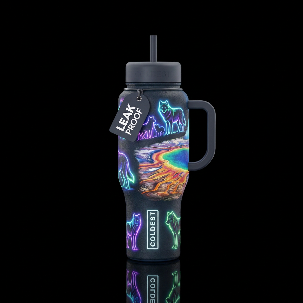 Textured yellowstone mollies wolfpack glowie water bottle design