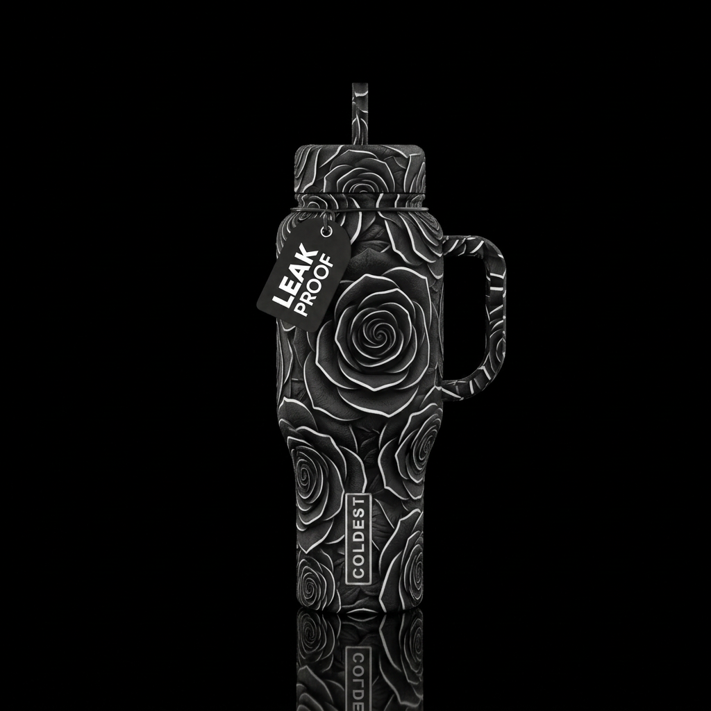 Textured black roses with white edges water bottle design