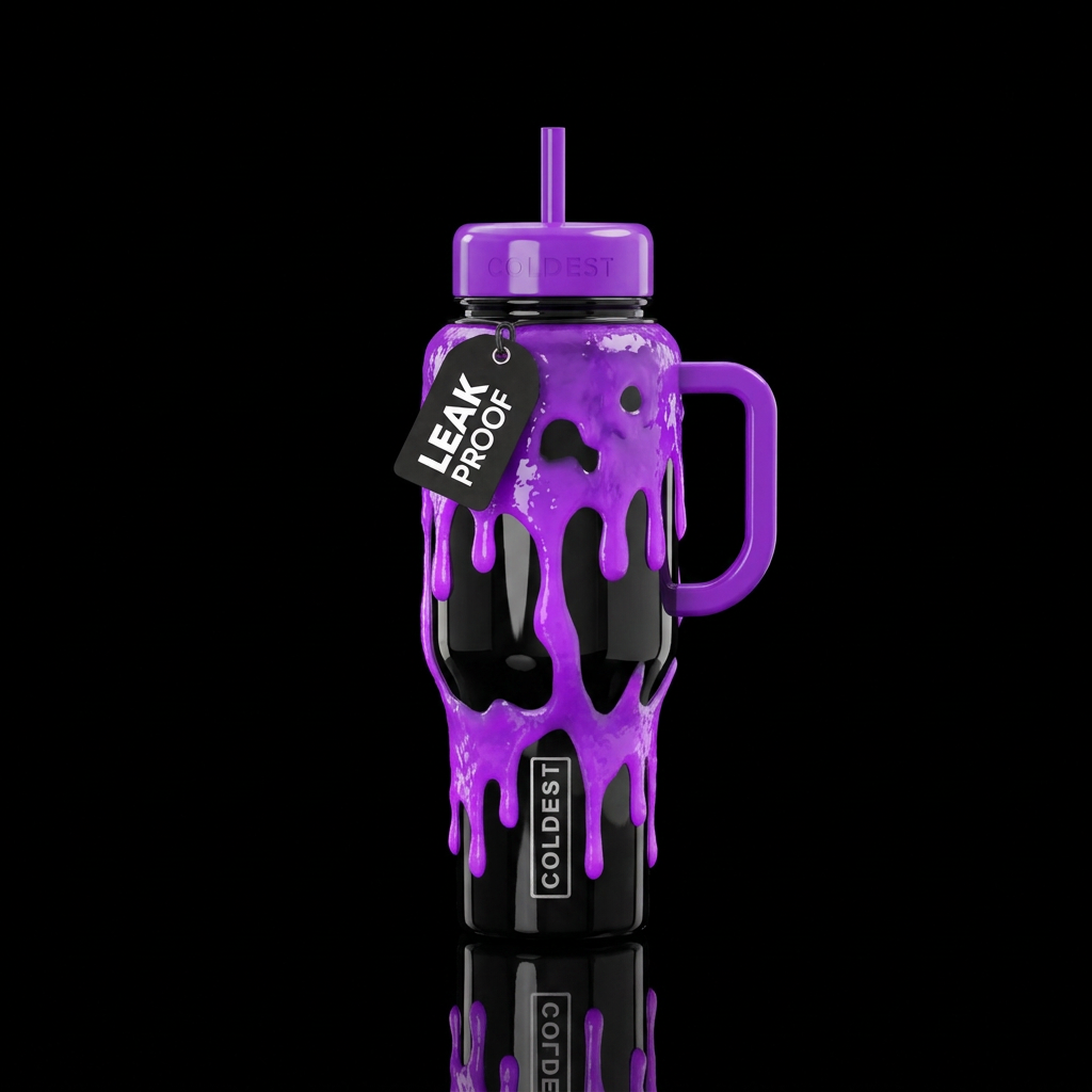 Shiny black cup with glowie bright purple ooze water bottle design