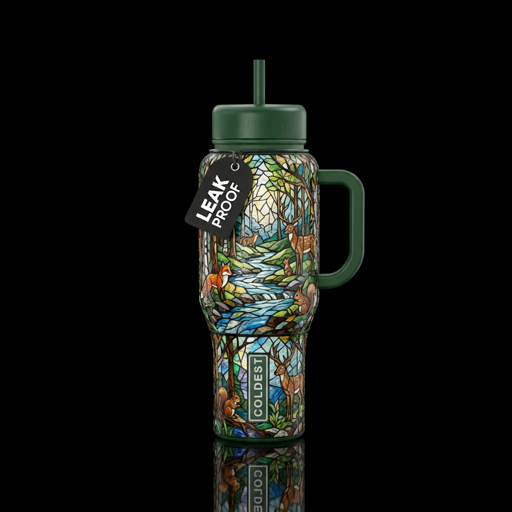 Stained glass forest water bottle design