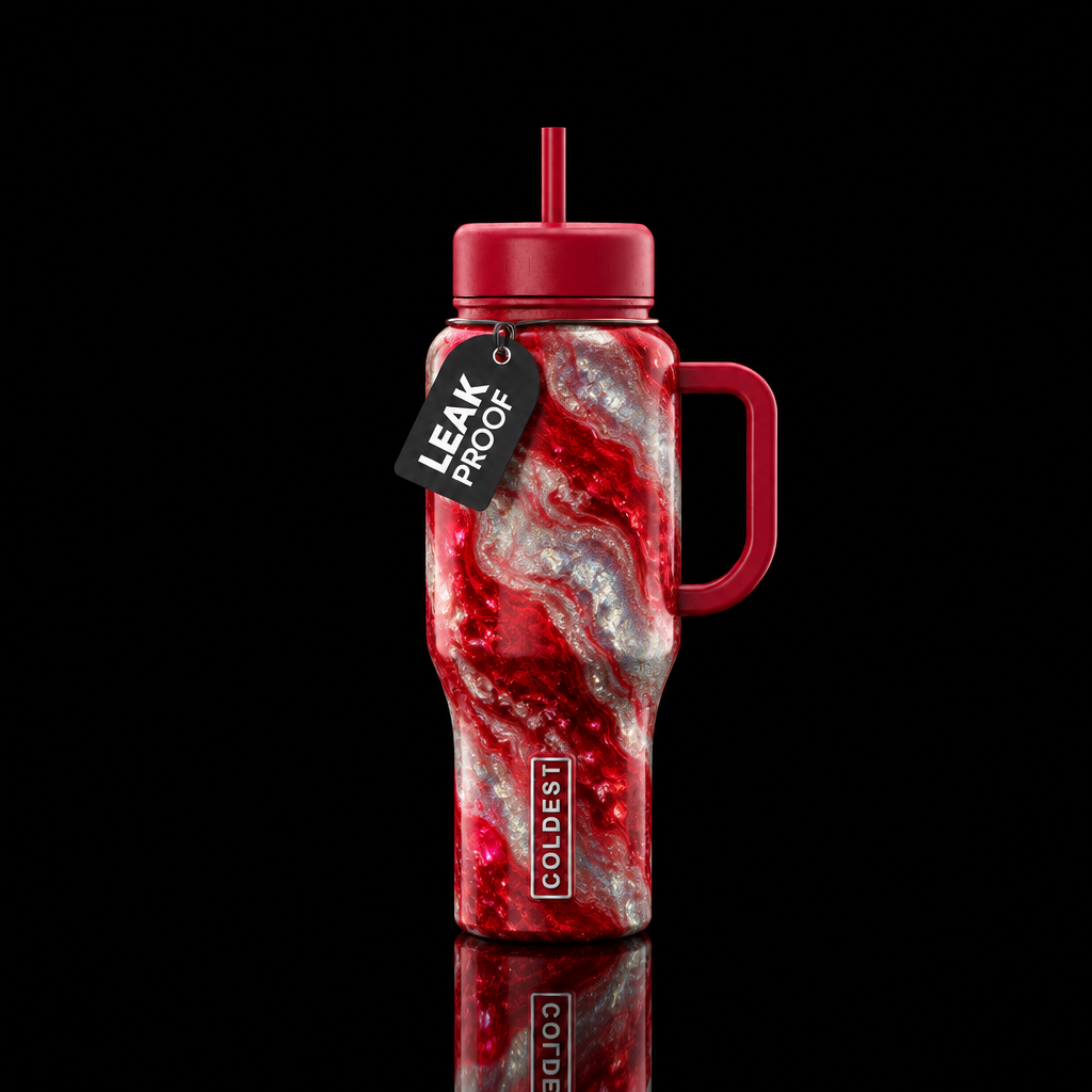 Red and silver water bottle design