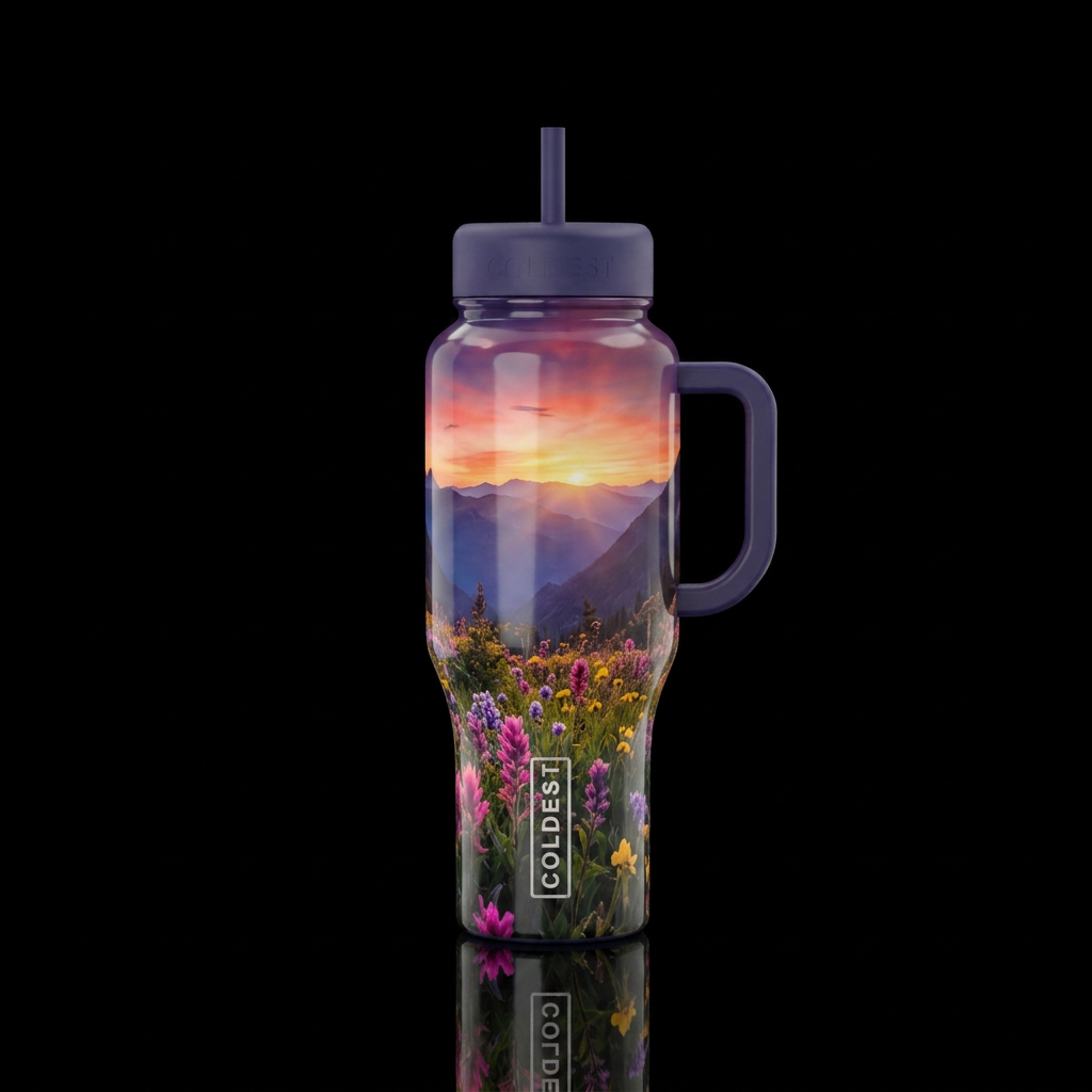 Mountain sunset water bottle design