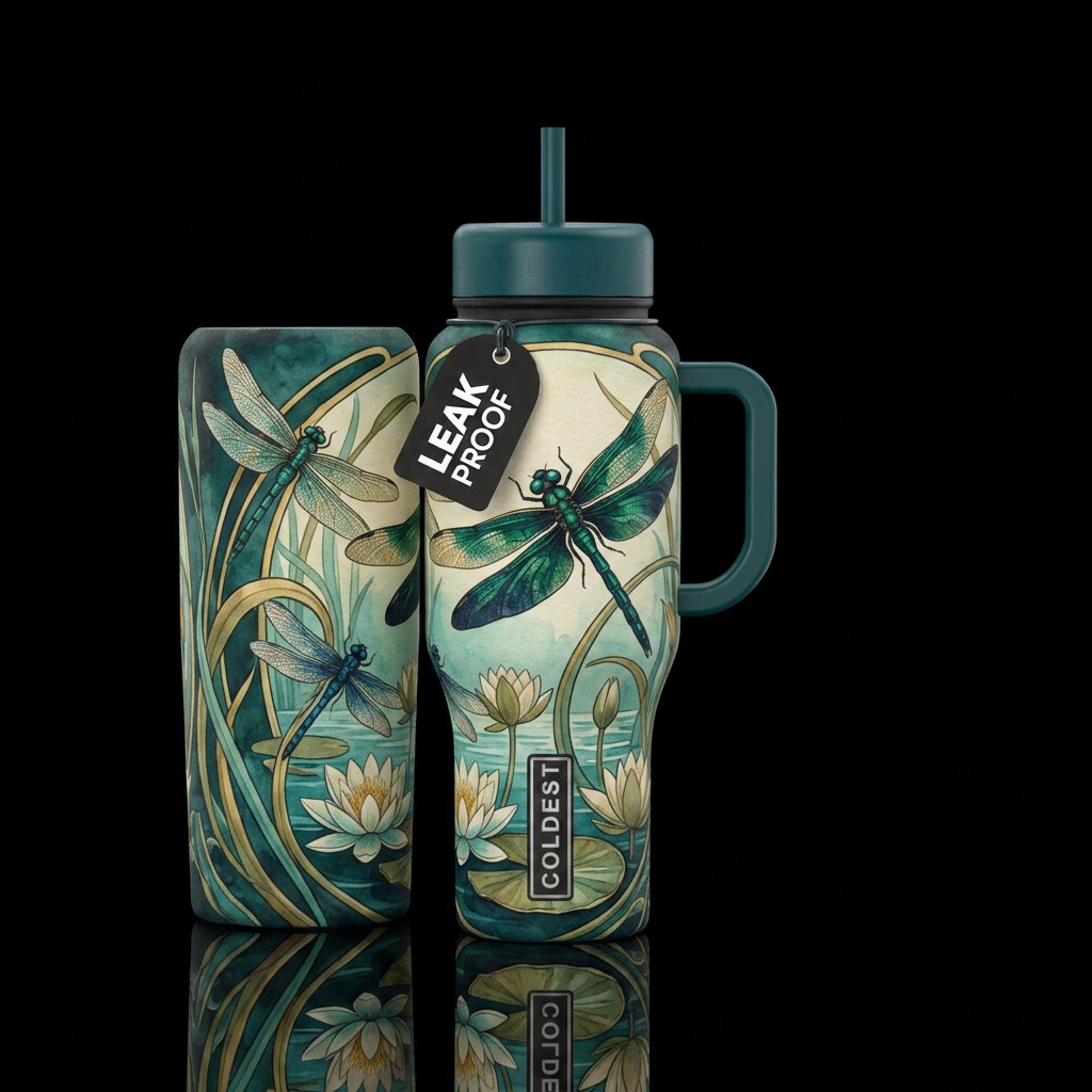 Vintage dragon fly water bottle design
