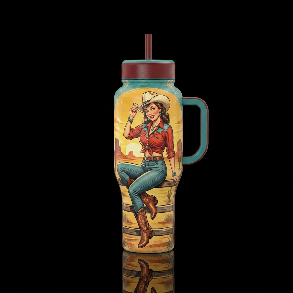 Cowgirl pinup water bottle design
