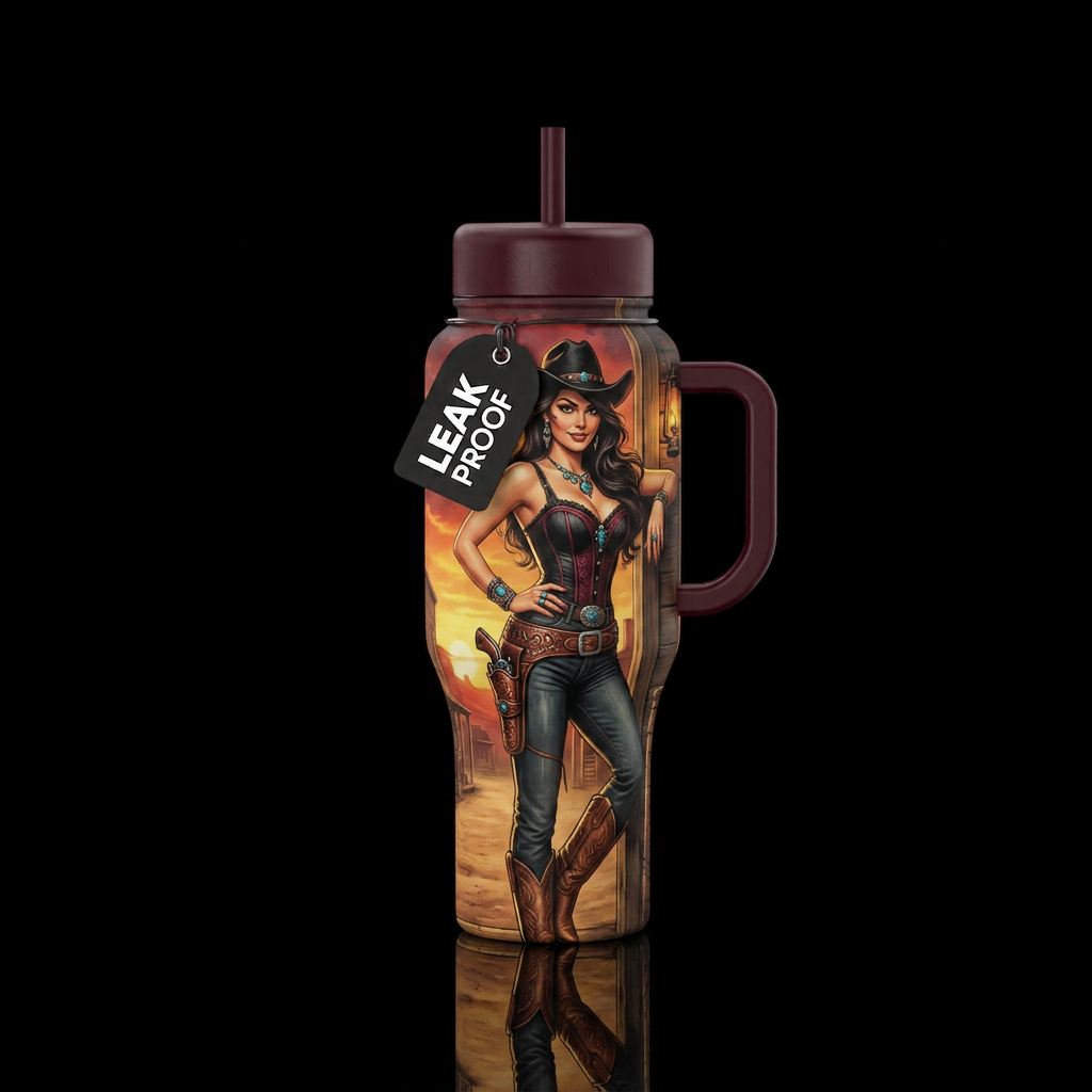 Dark western pinup water bottle design