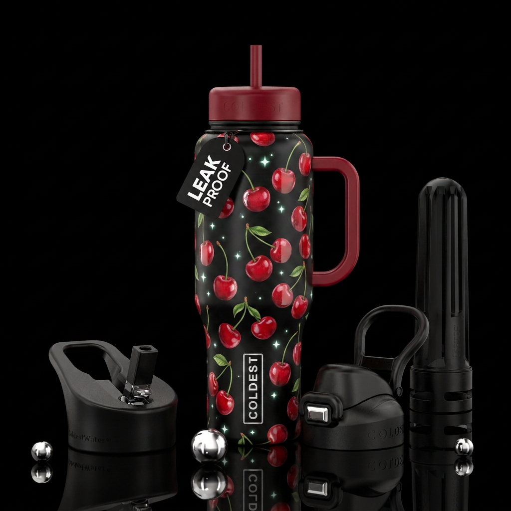 Black base , shiny cherries all over, glow in the ... water bottle design
