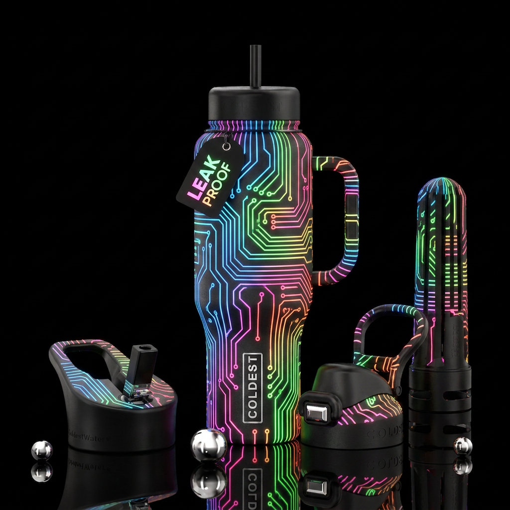 Black lid and handle glow in the dark neon all ove... water bottle design