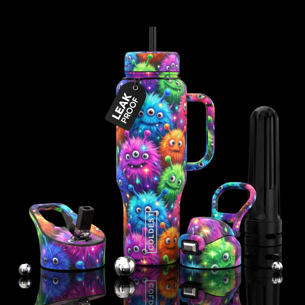 Fuzzy monsters with antennas and big eyes, rainbow... water bottle design