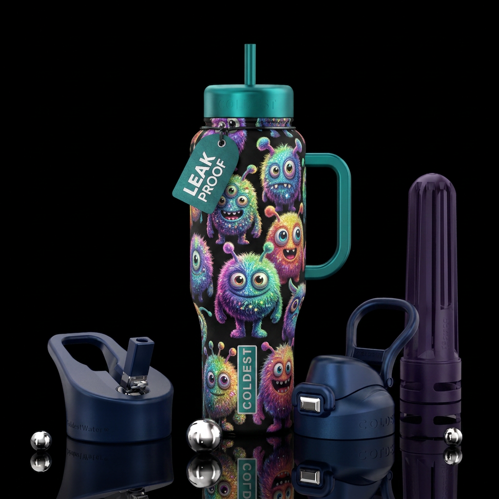 Fuzzy monsters with antennas and big eyes, rainbow... water bottle design
