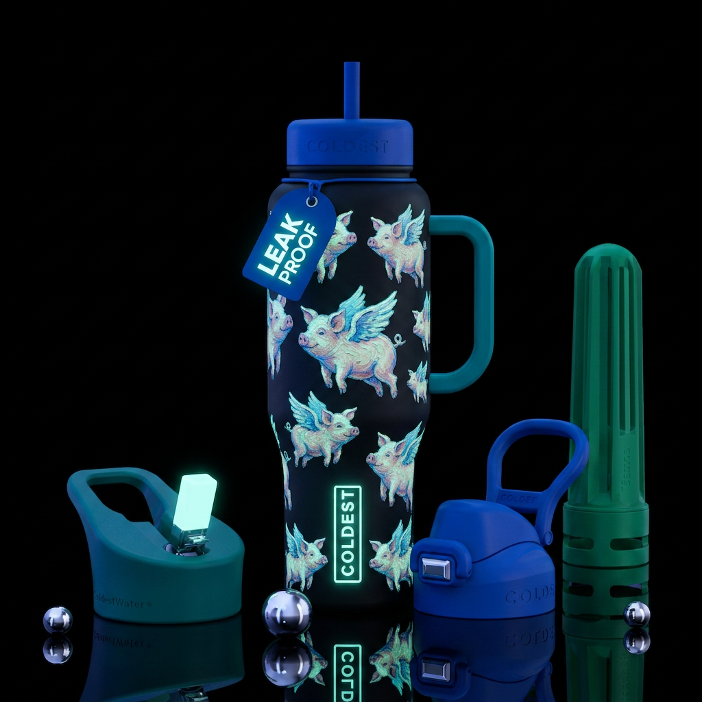 Van Gogh style flying pigs all over cup glow in th... water bottle design