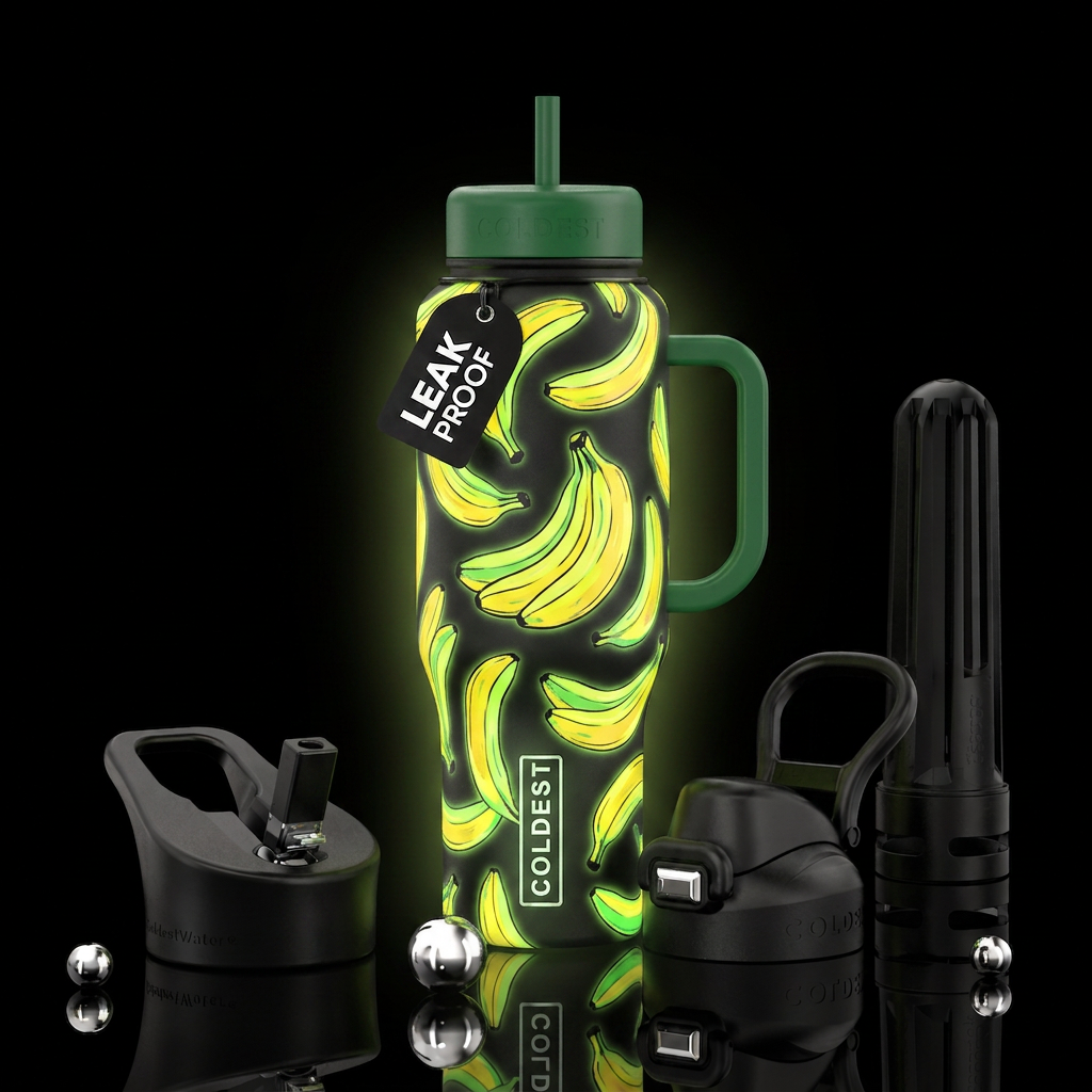 Yellow and green bananas, bright with black outlin... water bottle design