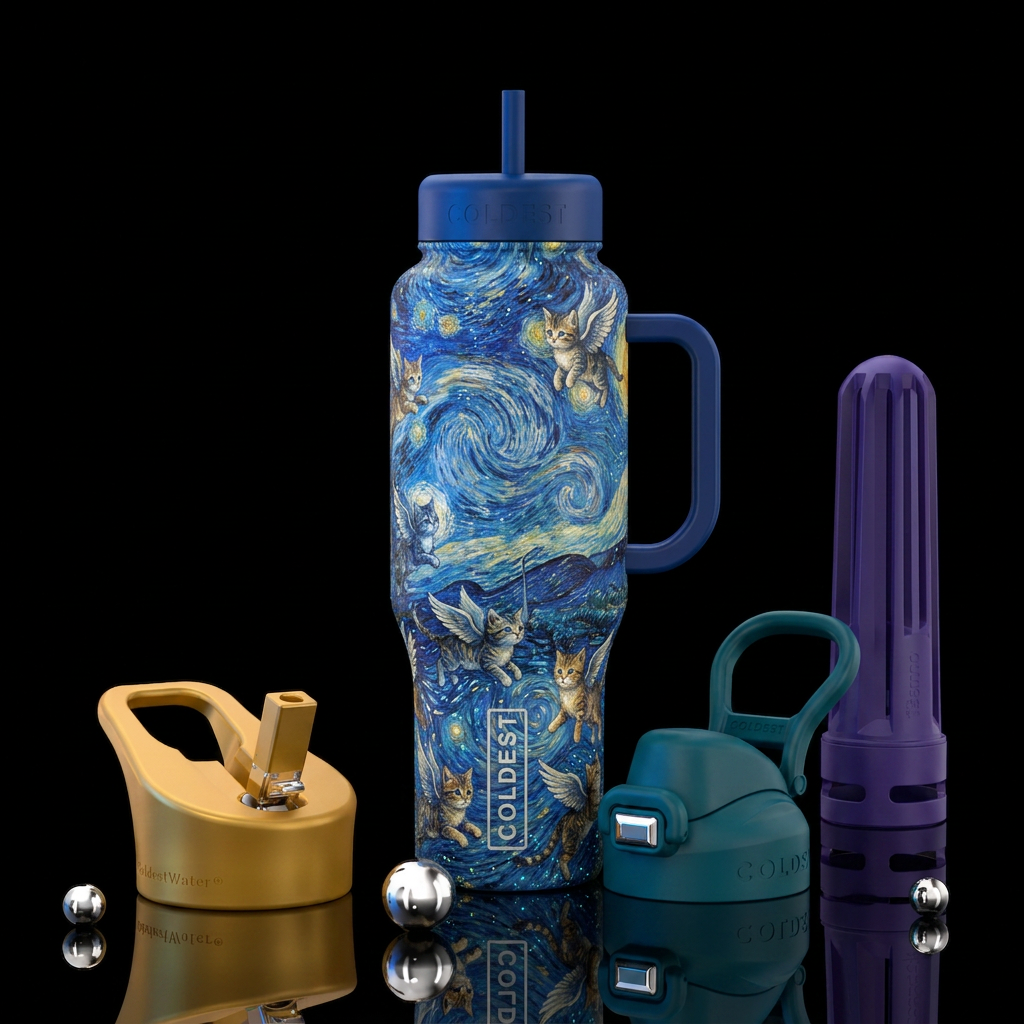 Van Gogh style, flying kittens all over cup glow i... water bottle design