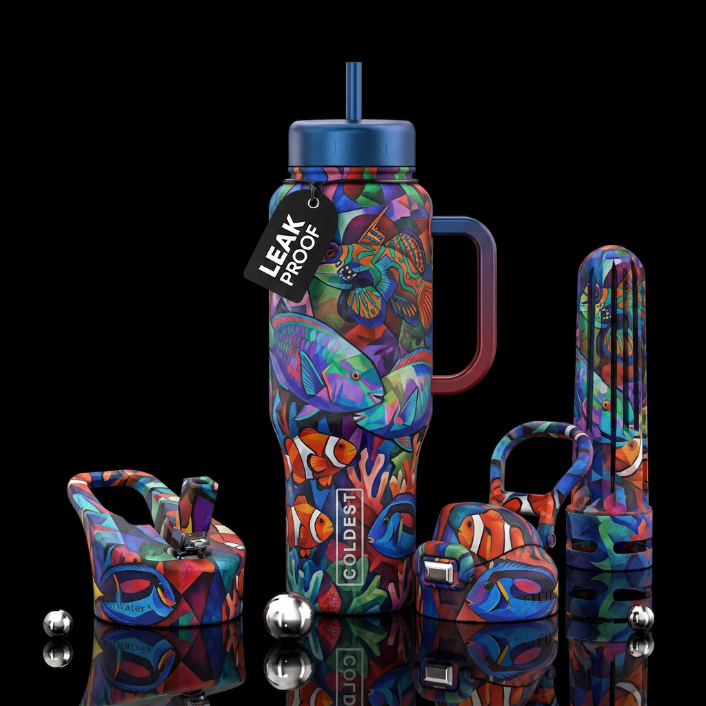 Cubist  Picasso style psychedelic Mandarin fish, p... water bottle design