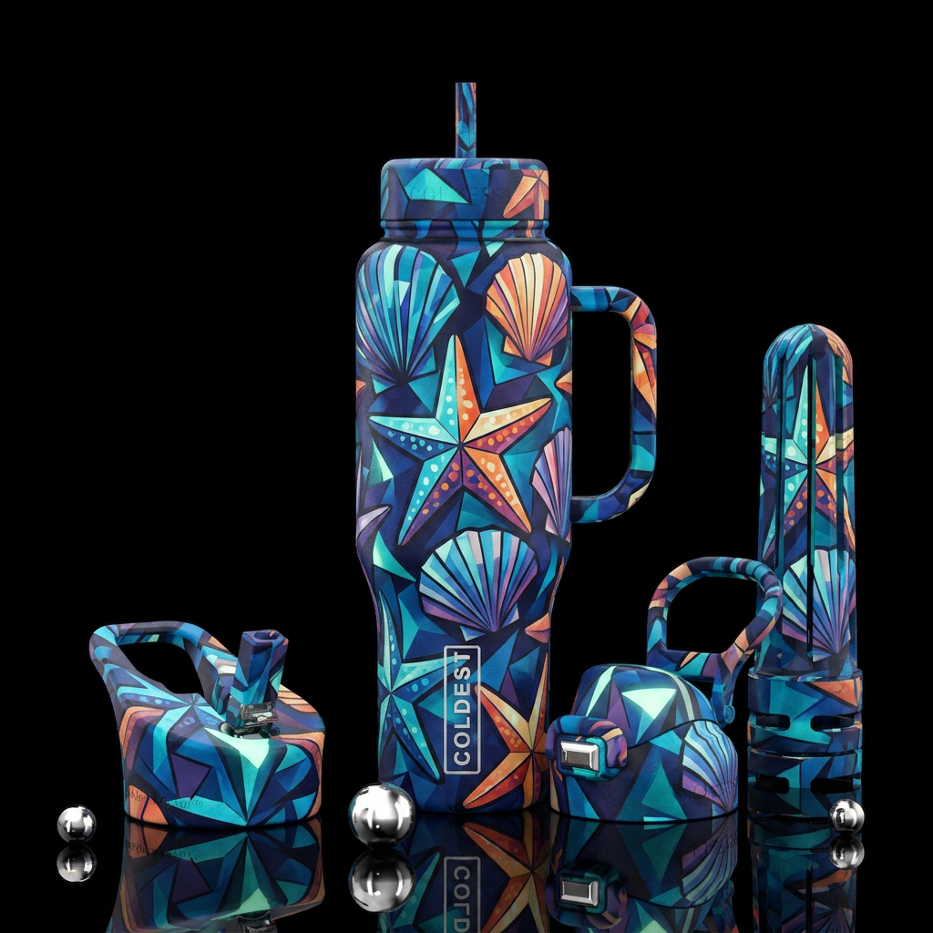 Cubist  Picasso style bright colored starfish shel... water bottle design