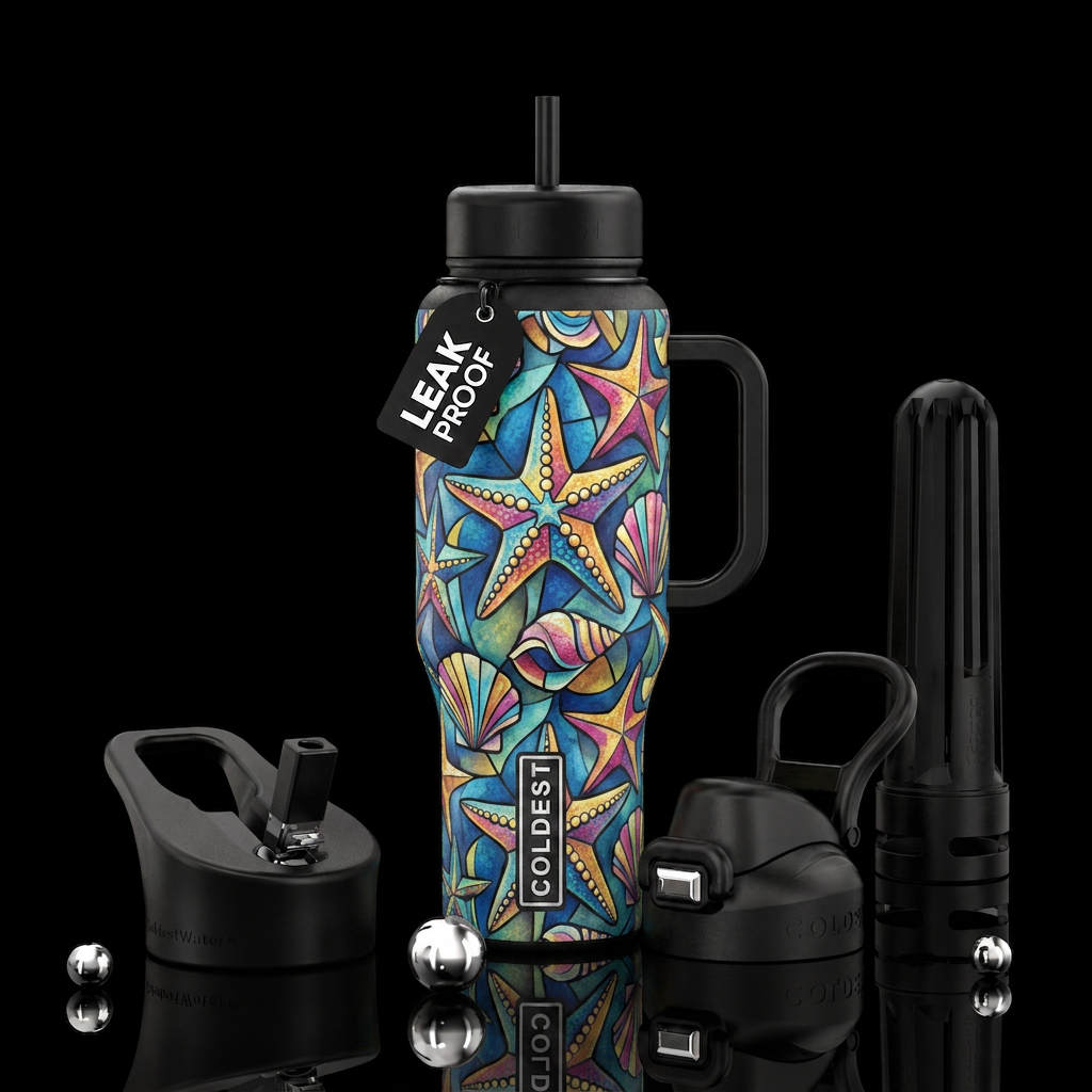 Cubist  Picasso style bright colored starfish shel... water bottle design