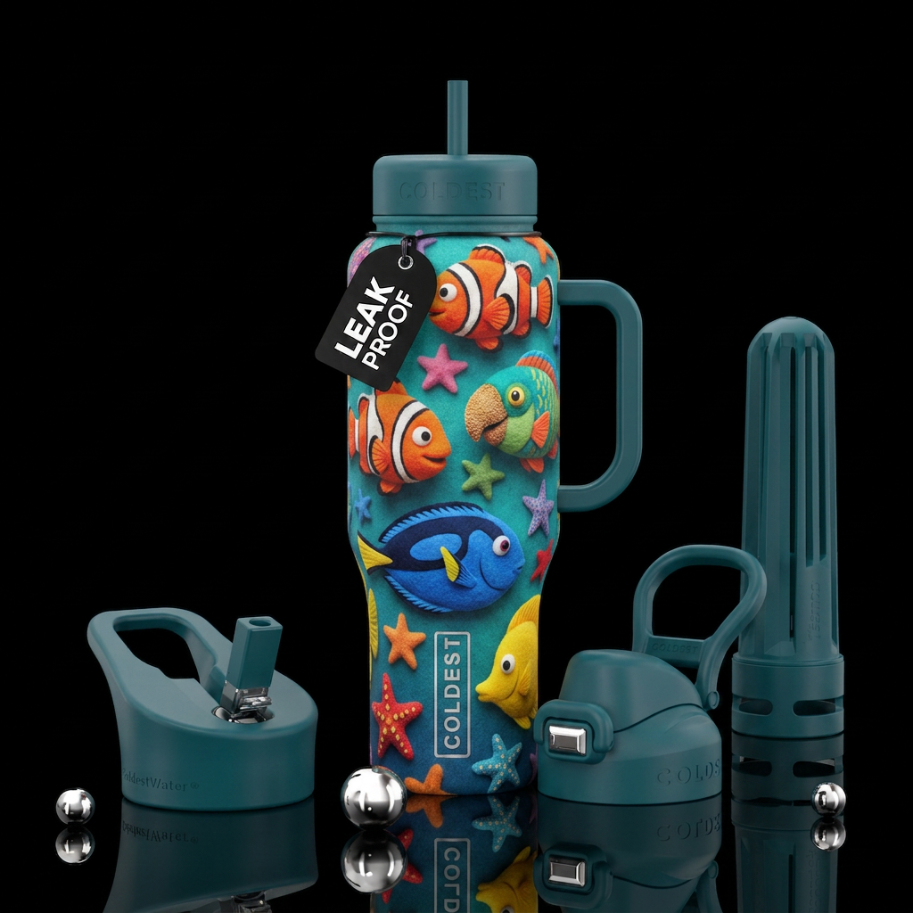 rainbow colors Jim Henson Muppet style, clown fish... water bottle design