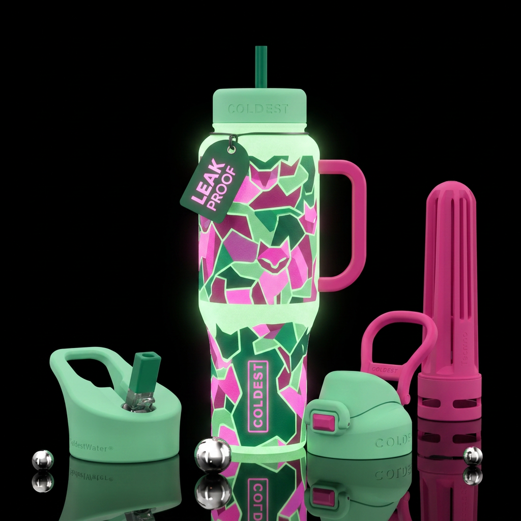 Cubist, pink and green kitten camouflage glow in t... water bottle design