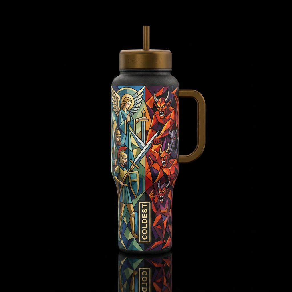Cubist good versus evil ancient history water bottle design