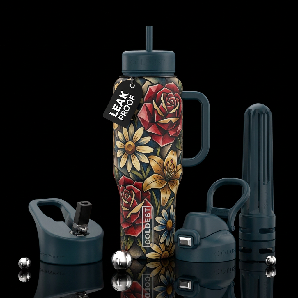 Cubist American traditional tattoo roses daisies l... water bottle design