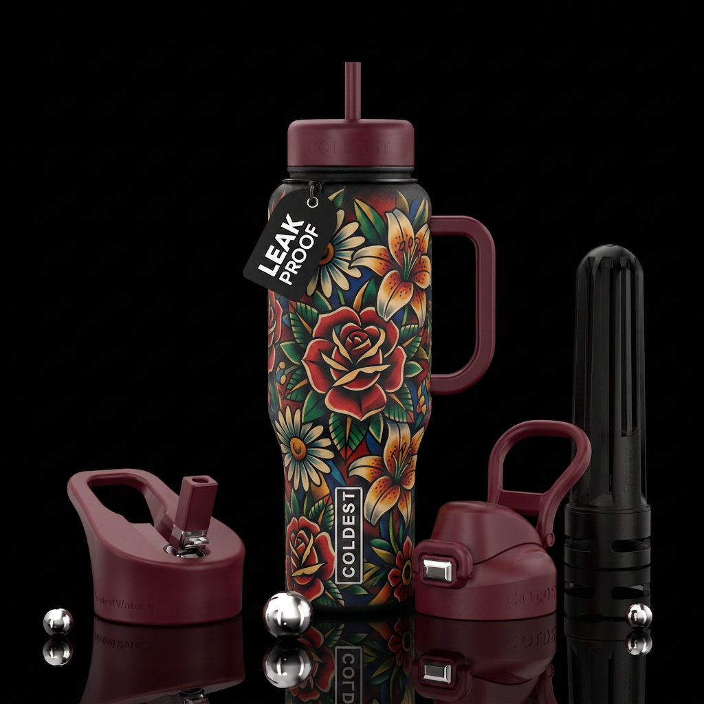 Cubist American traditional tattoo roses daisies l... water bottle design