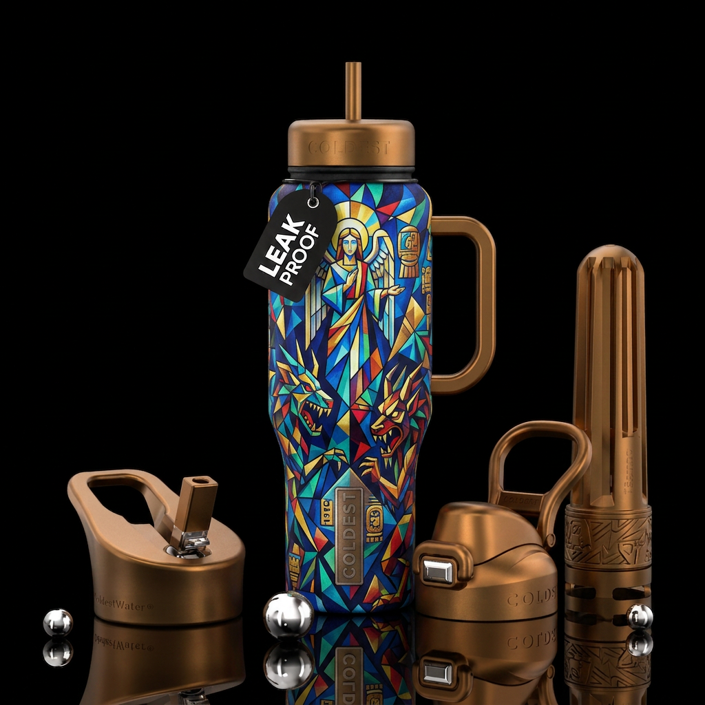 Cubist good versus evil ancient history water bottle design