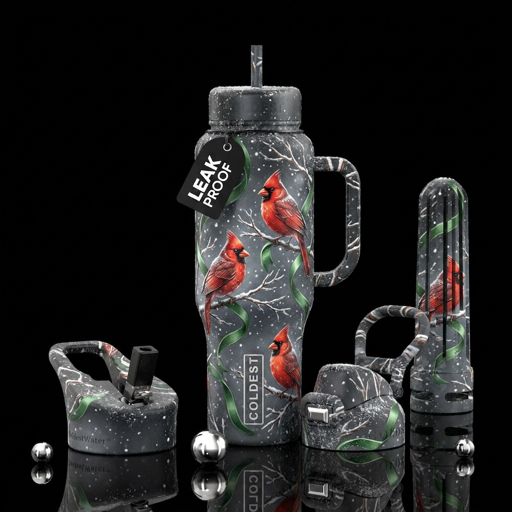 Cardinal, snow, sparkles, green ribbon water bottle design