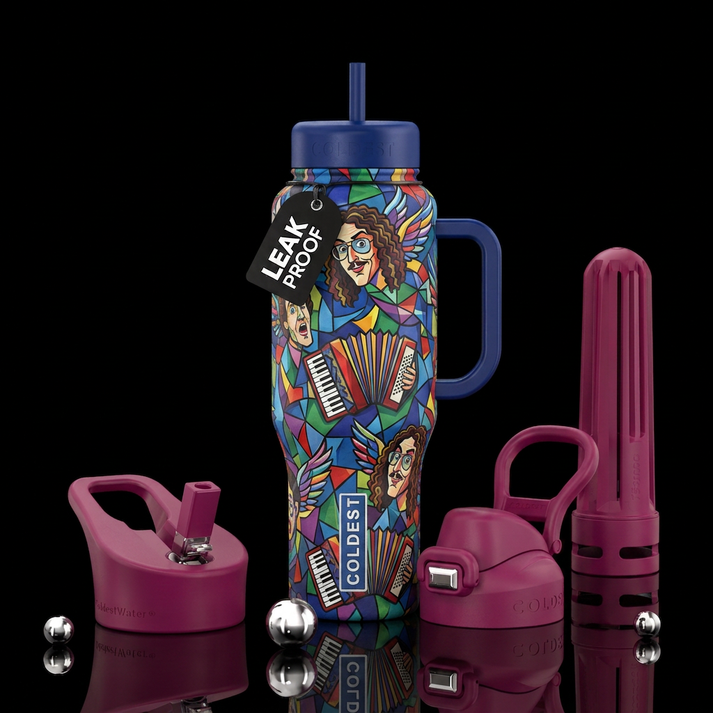 Cubist cartoon “Weird Al” Yankovic heads with acco... water bottle design