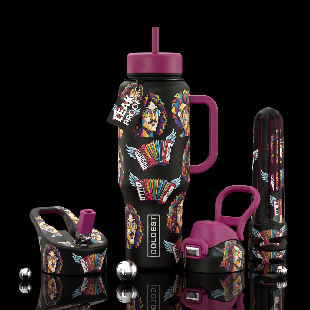 Cubist cartoon “Weird Al” Yankovic heads with acco... water bottle design