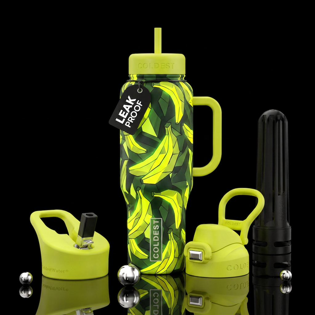Cubist yellow and green glowin the dark bananas ca... water bottle design