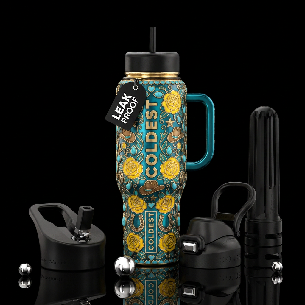 Cloisonné Style yellow roses turquoise stones hors... water bottle design