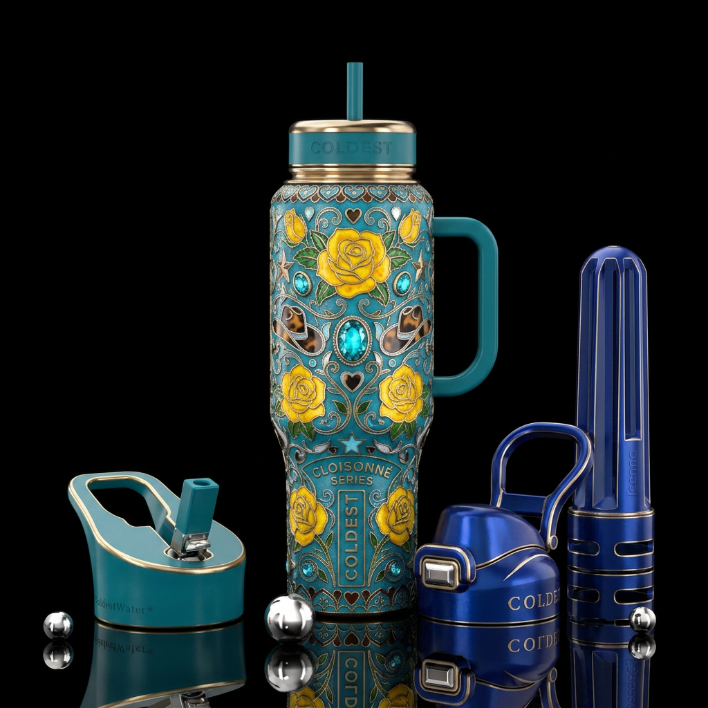 Cloisonné Style yellow roses turquoise stones hors... water bottle design